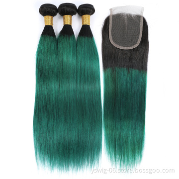 YS 100% Cuticle Aligned Indian Virgin Hair Weave Bundles Top Quality 1b/Green# Raw Indian Human Hair Weaves for Black Woman